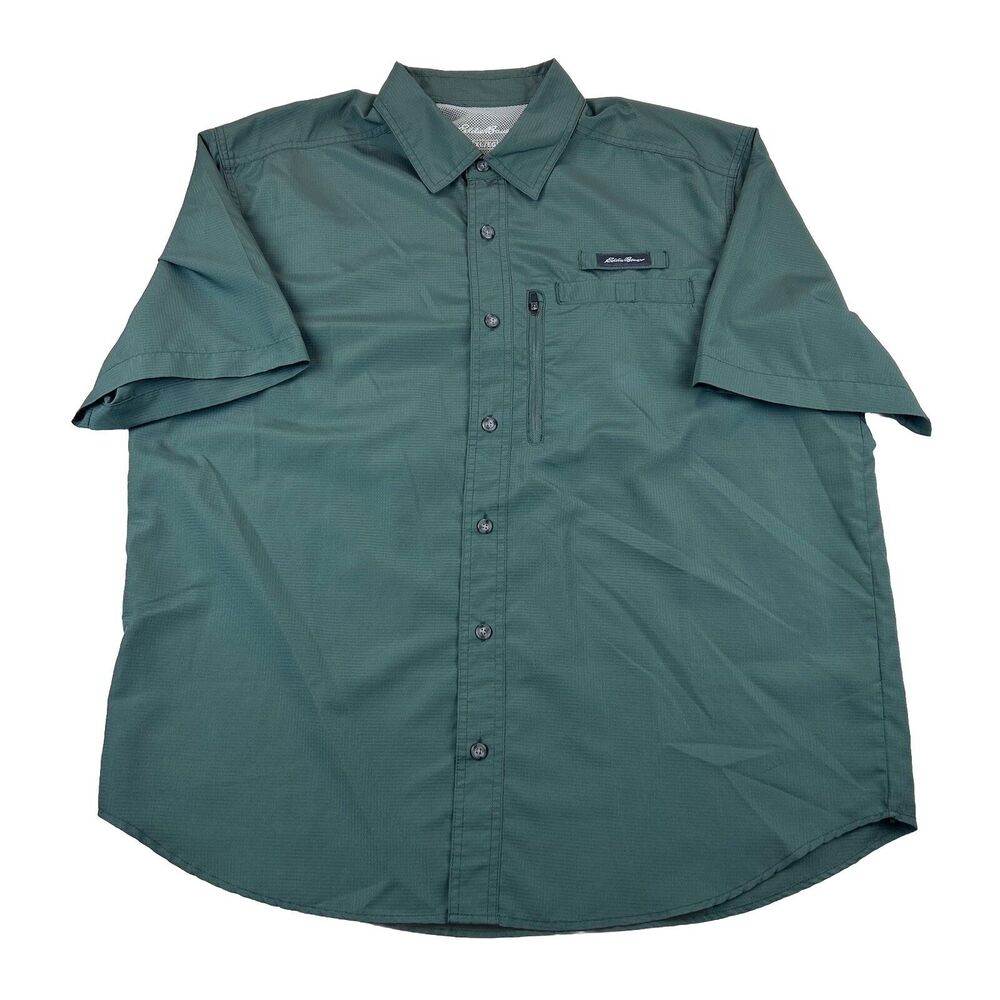 Eddie Bauer Ripstop Vented Zip Pocket Button Up Shirt Mens XL Green Hike Fish